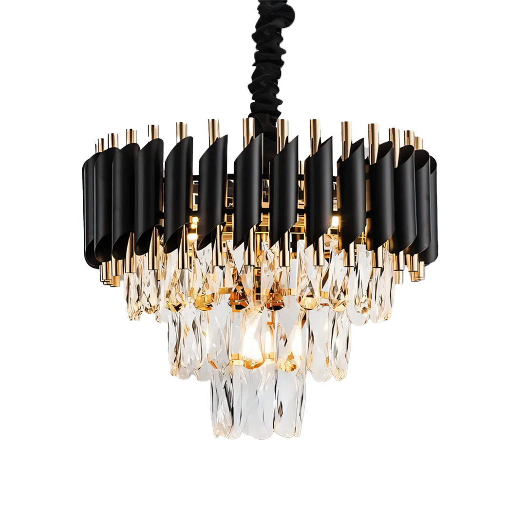 JACKAL Stainless Steel Black Mamba Round K9 Crystal Chandelier | Modern Chandelier Light Fixture for Hallway, Living Room, Hotel & Entryways - Warm White, Inbuilt LED Chip 16 Inch (400mm)