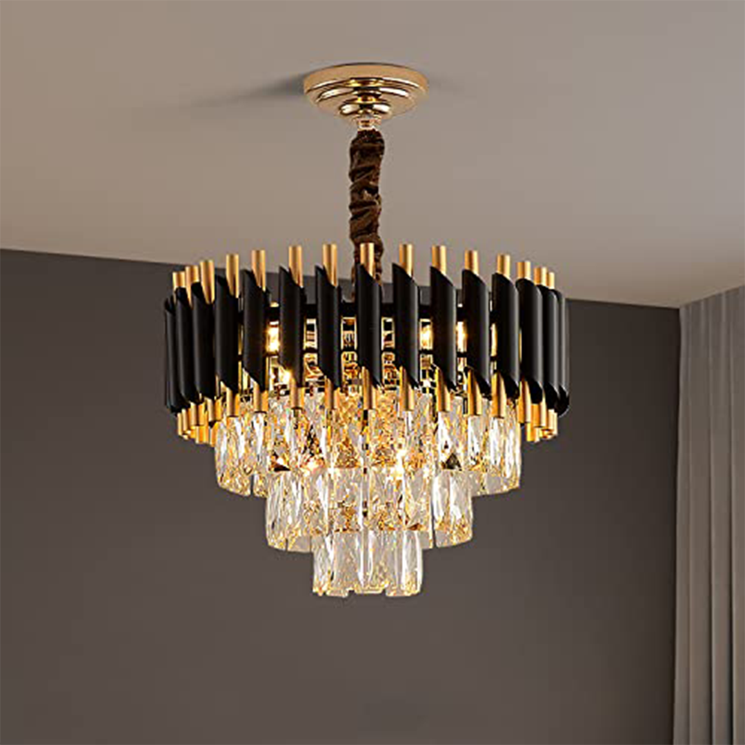 JACKAL Stainless Steel Black Mamba Round K9 Crystal Chandelier | Modern Chandelier Light Fixture for Hallway, Living Room, Hotel & Entryways - Warm White, Inbuilt LED Chip 16 Inch (400mm)