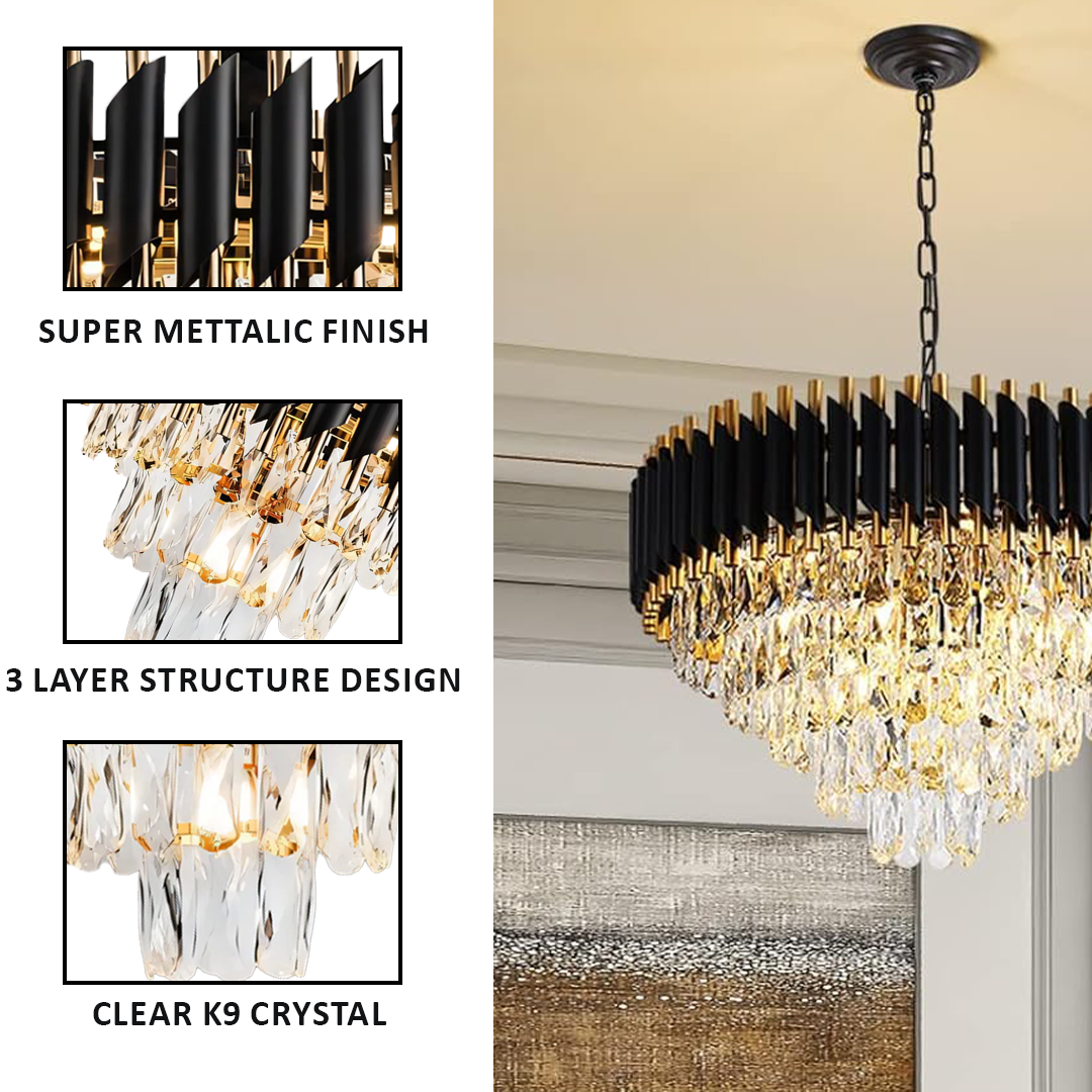 JACKAL Stainless Steel Black Mamba Round K9 Crystal Chandelier | Modern Chandelier Light Fixture for Hallway, Living Room, Hotel & Entryways - Warm White, Inbuilt LED Chip 16 Inch (400mm)