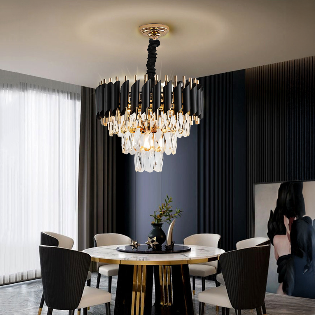 JACKAL Stainless Steel Black Mamba Round K9 Crystal Chandelier | Modern Chandelier Light Fixture for Hallway, Living Room, Hotel & Entryways - Warm White, Inbuilt LED Chip 16 Inch (400mm)