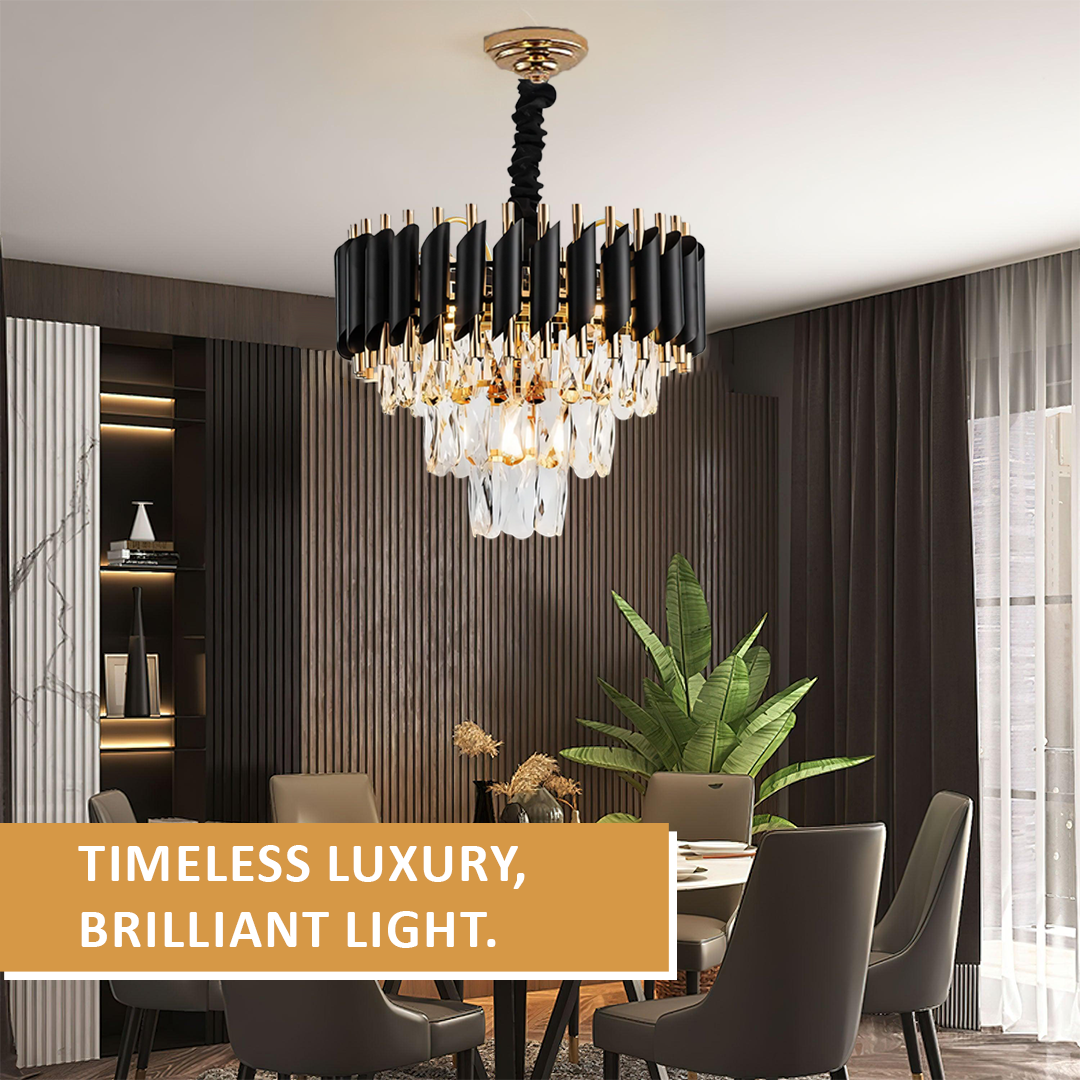 JACKAL Stainless Steel Black Mamba Round K9 Crystal Chandelier | Modern Chandelier Light Fixture for Hallway, Living Room, Hotel & Entryways - Warm White, Inbuilt LED Chip 16 Inch (400mm)