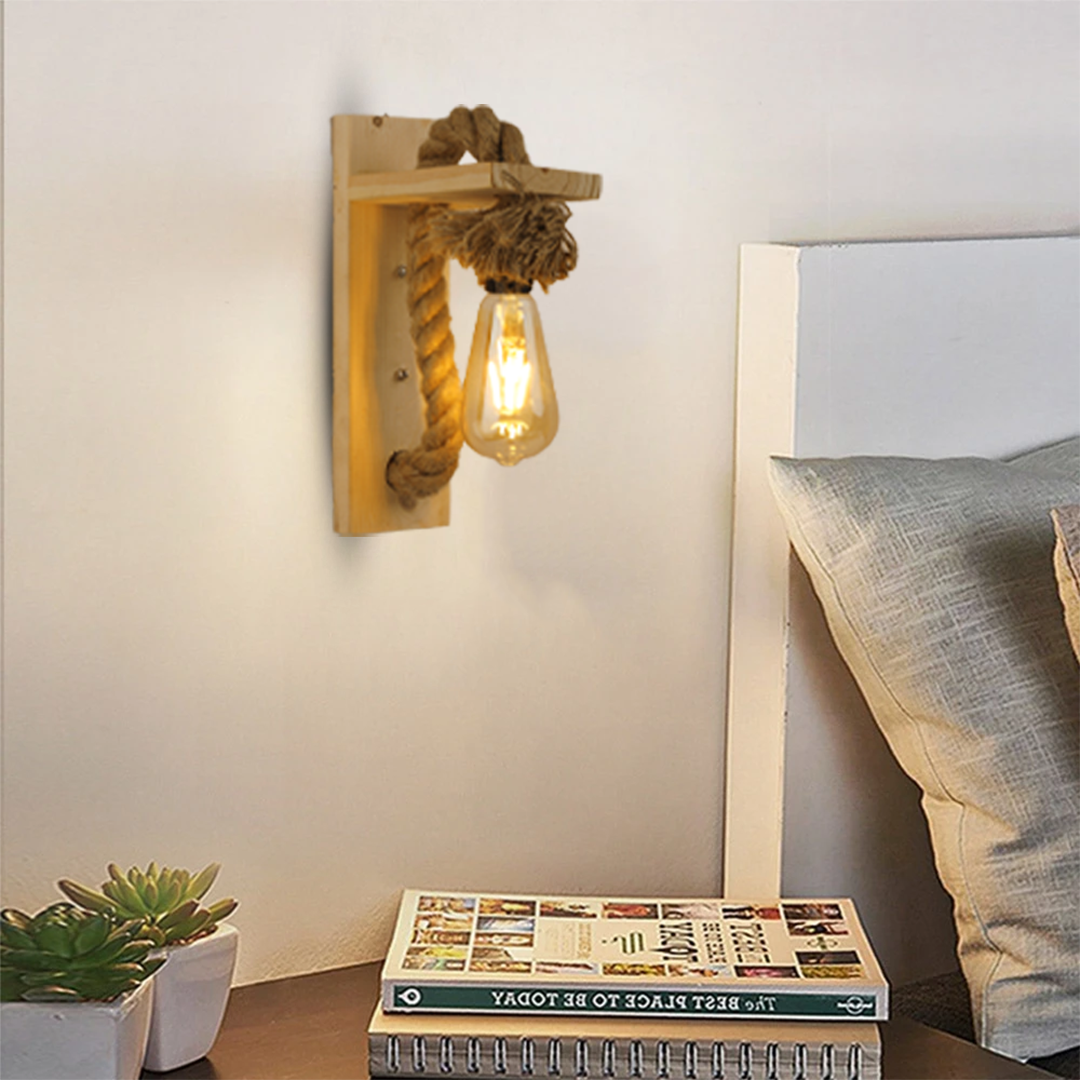 Wooden Rope Wall Lamp with Bulb